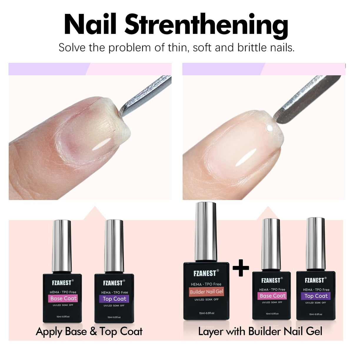 FZANEST Builder Gel With Top and Base Coat HEMA TPO-Free, 15ml * 3pcs Clear Gel Nail Polish Kit for Nail Strengthening Building Apex Extension Soak Off No Wipe Top Coat Base Harden Nails