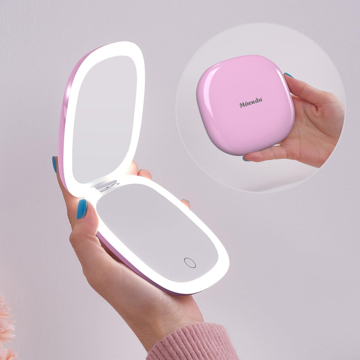Mocado Compact LED Travel Makeup Mirror - 4 Inches 1X/10X Magnification Travel Mirror with Light Dimmable Double Sides Lighted USB Rechargeable Compact Mirror for Purse,Pocket,Travel(Purple)