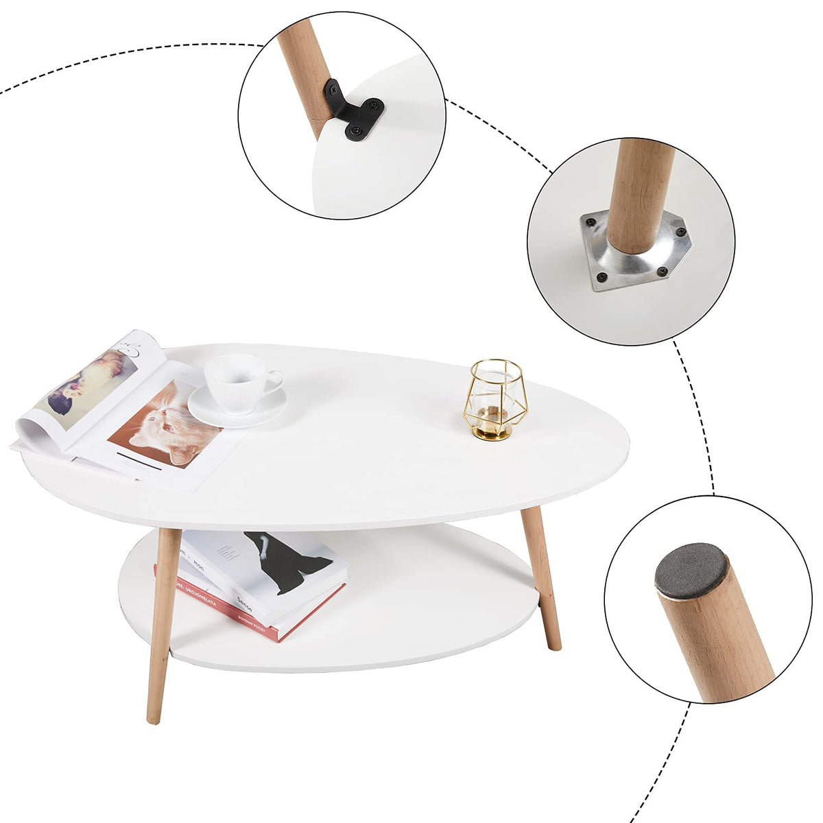 Maupvit Coffee Table-Oval Wood Table with Open Shelving for Storage and Display 2 Tier Sofa Table, Small Modern Furniture Living Room&Home Office-White
