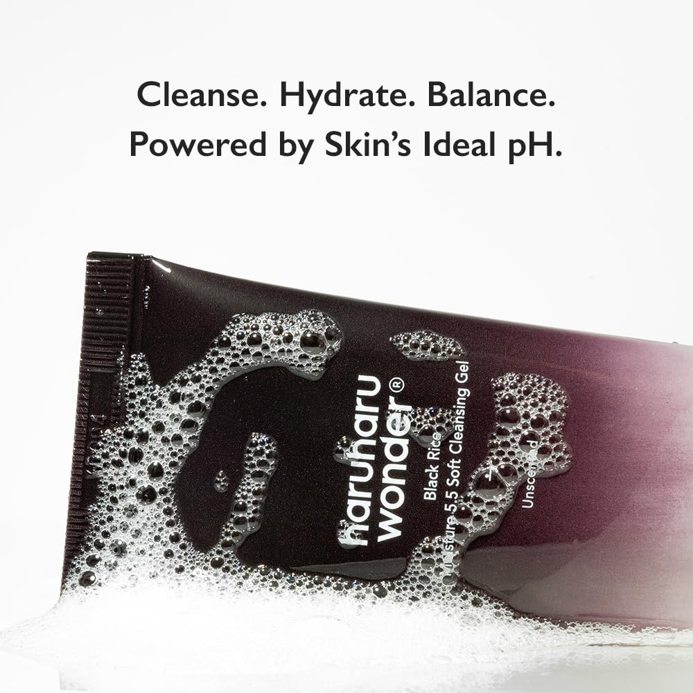 haruharu wonder Black Rice Moisture 5.5 Soft Cleansing Gel, 3.4 fl.oz, Gentle Face Wash for Dry to Normal Skin, Low 5.5pH, Soap Free, Hydrating, Fragrance Free, Daily Use, Korean Skincare