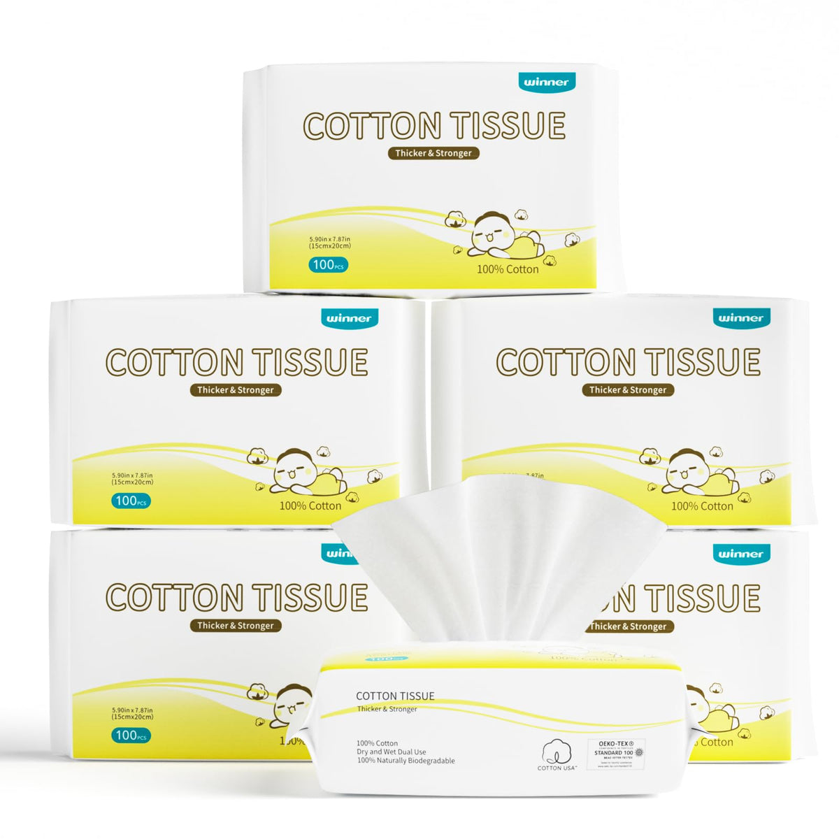 Winner 100% USDA Biobased Dry Wipes, 600 Count Ultra Soft Cotton Face Towels, Wet and Dry Use, Unscented and Hypoallergenic, Baby Necessities for Diaper Changes, Meals, and On-the-go Cleanup