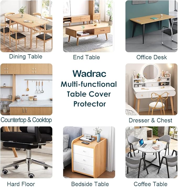 Wadrac Multisize Plastic Clear Table Cover Protector-1.5mm Thick 40x102 inch Non-Slip Easy Clean for Kitchen Vinyl Transparent Table Cover Plastic Protective Pad for Dining Room/Meeting Table