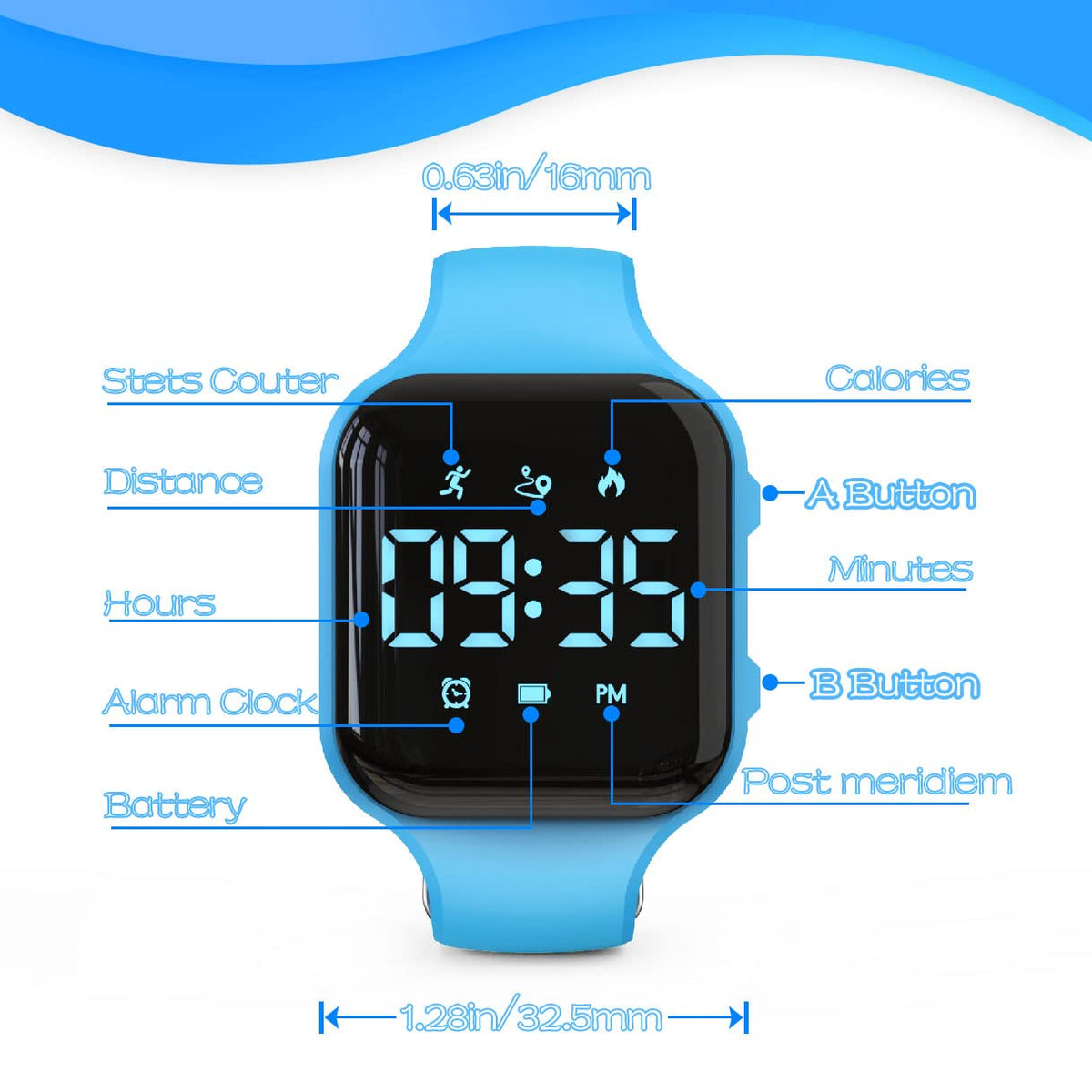 Focwony LED Kids Multifunction Steps Counting Watch, Digital Watch, Non-Bluetooth Pedometer Watch, Stopwatch, Alarm Clock, Calories for Women Children Girls Boys (Blue)
