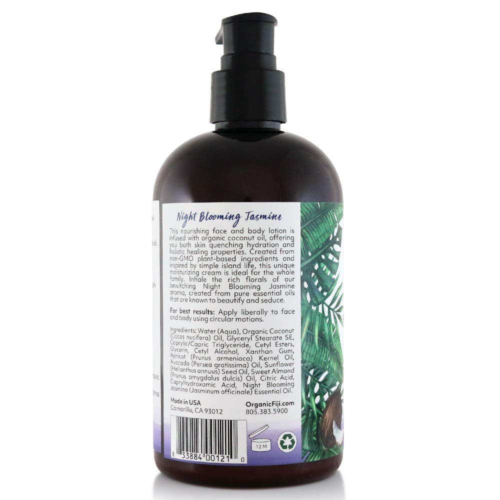 Coco Fiji Face & Body Lotion Infused With Coconut Oil | Lotion for Dry Skin | Moisturizer Face Cream & Massage Lotion for Women & Men | Night Blooming Jasmine 12 oz, Pack of 3