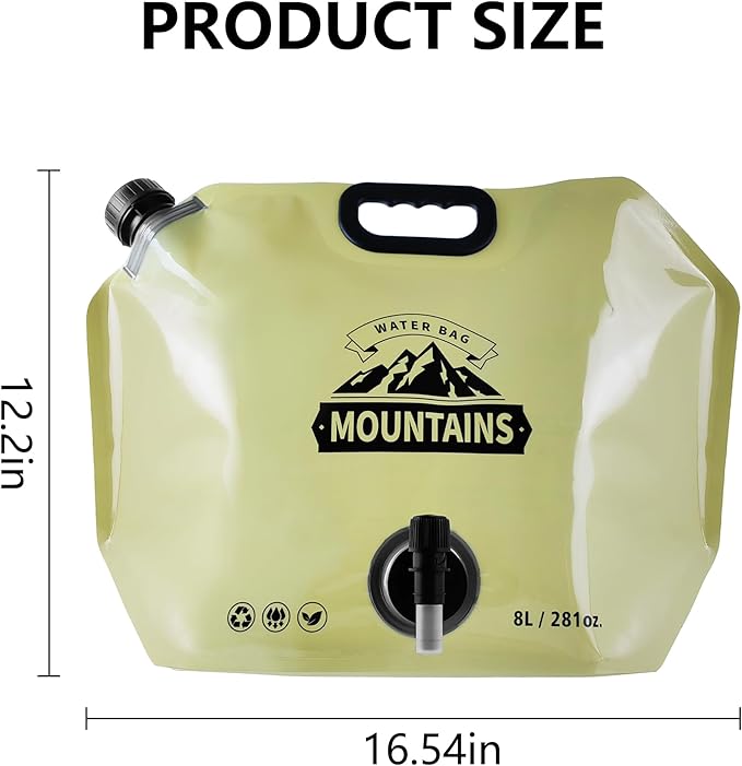 Collapsible 8L Water Storage Bag, BPA-Free Portable Folding Water Jug with Adjustable Faucet, Leakproof Emergency Water Bag for Camping, Hiking, Riding, Outdoor Sport (GREEN, 2)