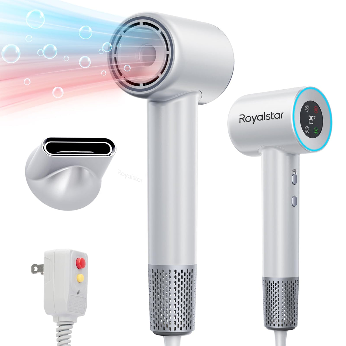 Hair Dryer, 180000 RPM Professional High Speed Blow Dryer Negative Ionic Care Hair Dryer for Fast Drying, Low Noise, HD Display Hairdryer for Curly Straightener, Thermo-Control Hairdryer with Nozzle
