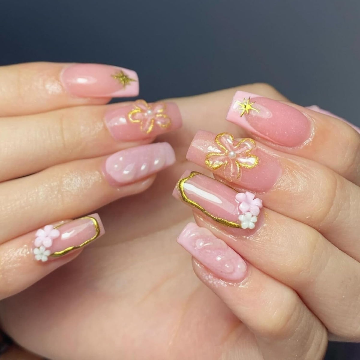 Flower Nail Stickers Decals 5D Embossed Flower Nail Decals Pink Five-Petaled Gold Floral Circle Spring Summer Nail Art Design Bow Tie Flowers Nail Adhesive Decals for DIY Nail Art Decorations 2Pcs