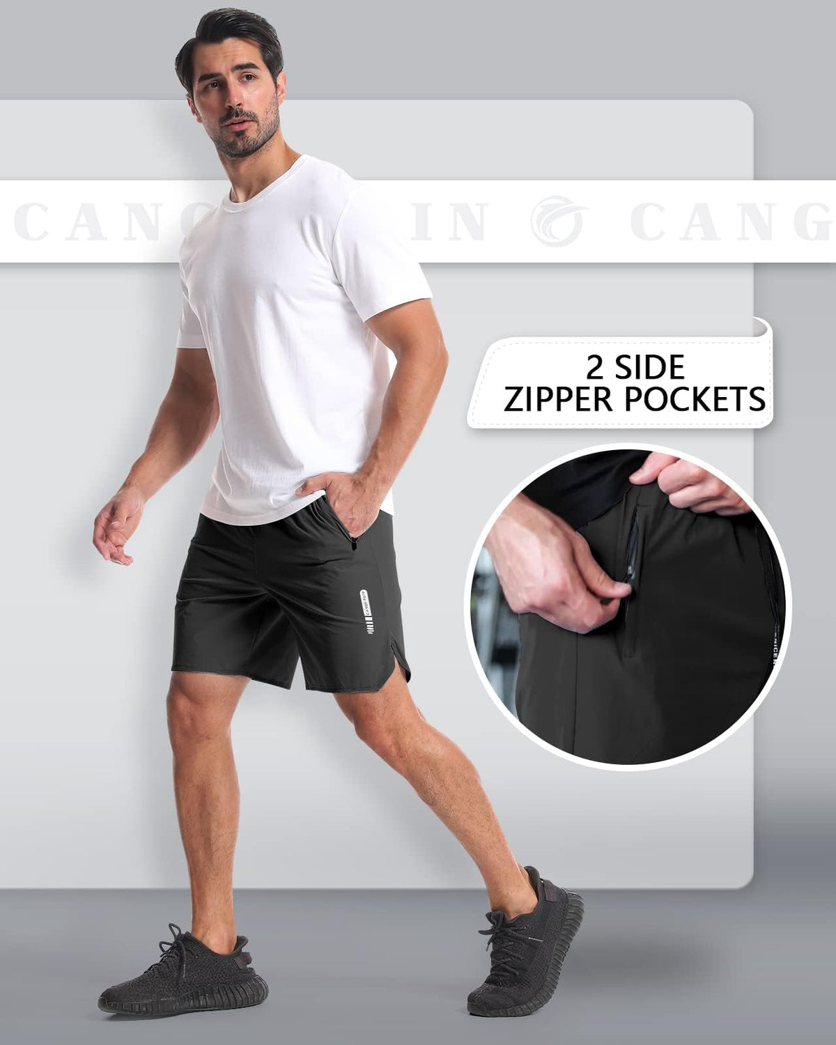 CANGHPGIN 2 Pack Mens Workout Athletic Shorts 7 inch Inseam Quick Dry Hiking Shorts Men Lightweight Sports Gym Shorts Running Khaki/Black