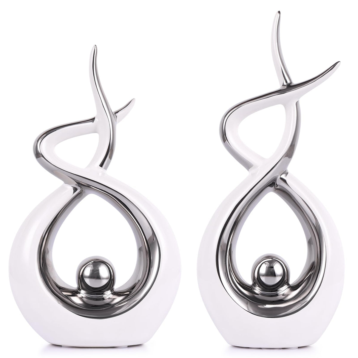 PlivBloom Silver White Abstract Ceramic Modern Sculpture, Knick Knacks Statues for Living Room, Shelf, TV Stand, Coffee Table, Dining Room, Office, Bedroom, Home Decor, Centerpiece, Great Gift Idea