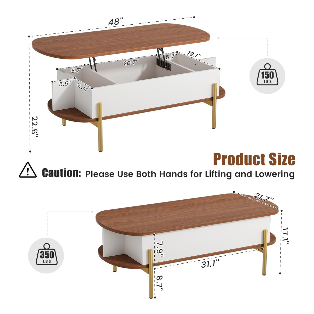 ALLSTAND 48" Oval Lift Top Coffee Table with Storage Metal Legs & Large Hidden Compartment, Coffee Tables with Lifting Top with Open Shelf, Lift Coffee Table with Wooden Lift Tabletop for Living Room