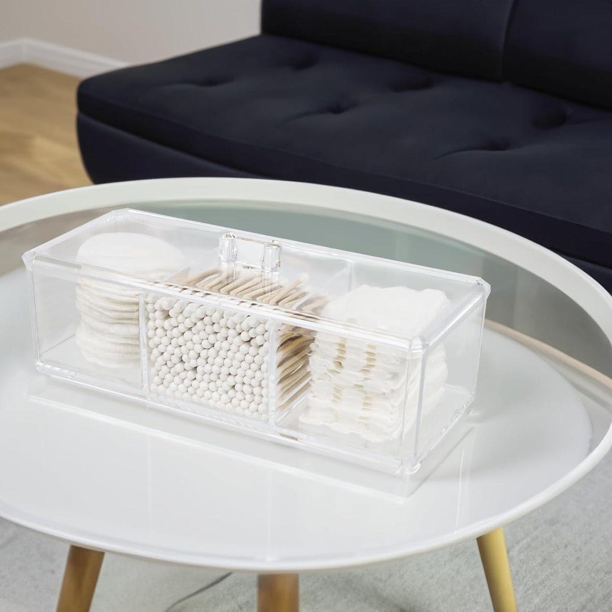 Clear Bathroom Dresser Organizer - Cotton Ball Swab Holder with 3 Divided Compartments&Lid, , Waterproof Transparent Small Plastic Storage Containers, Vanity Makeup Organization