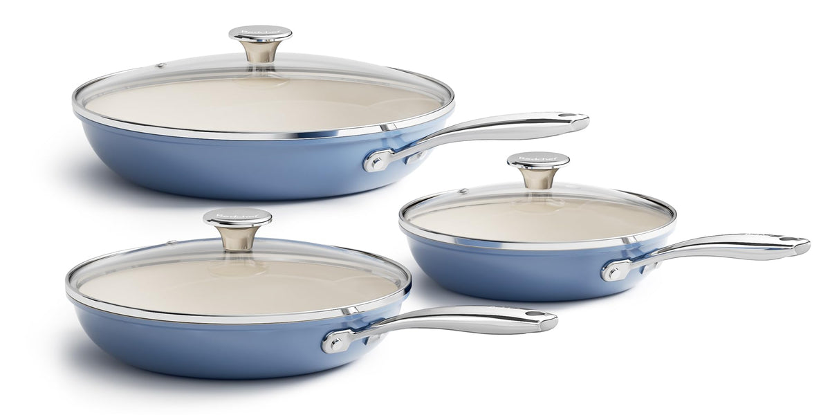 Redchef Nonstick Cookware Sets, Ceramic Frying Pan Set with Tempered Glass Lids, Non Stick Cooking Set, Dishwasher & Oven Safe, Induction Safe, Compatible with All Cooktops, Blue (8", 9.5", 11")