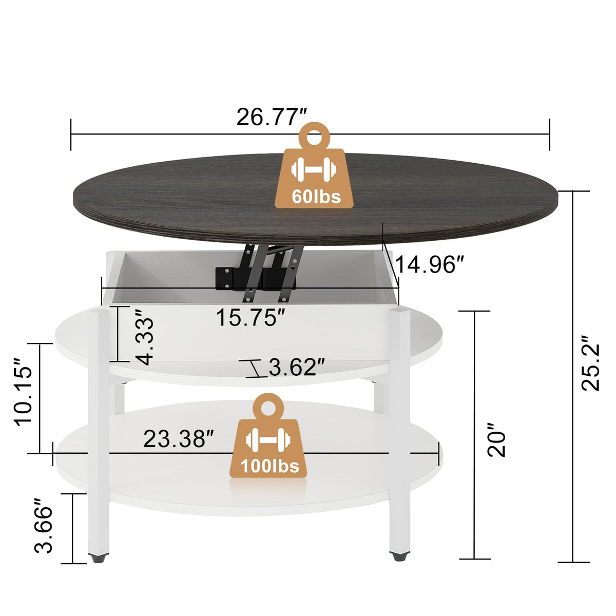 FABATO Round Lift Top Coffee Table with Storage and Hidden Compartment, 26.77'' Farmhouse Coffee Table for Living Room Reception Room, 2 Tier Small Round Coffee Table Circle Dining Table, White