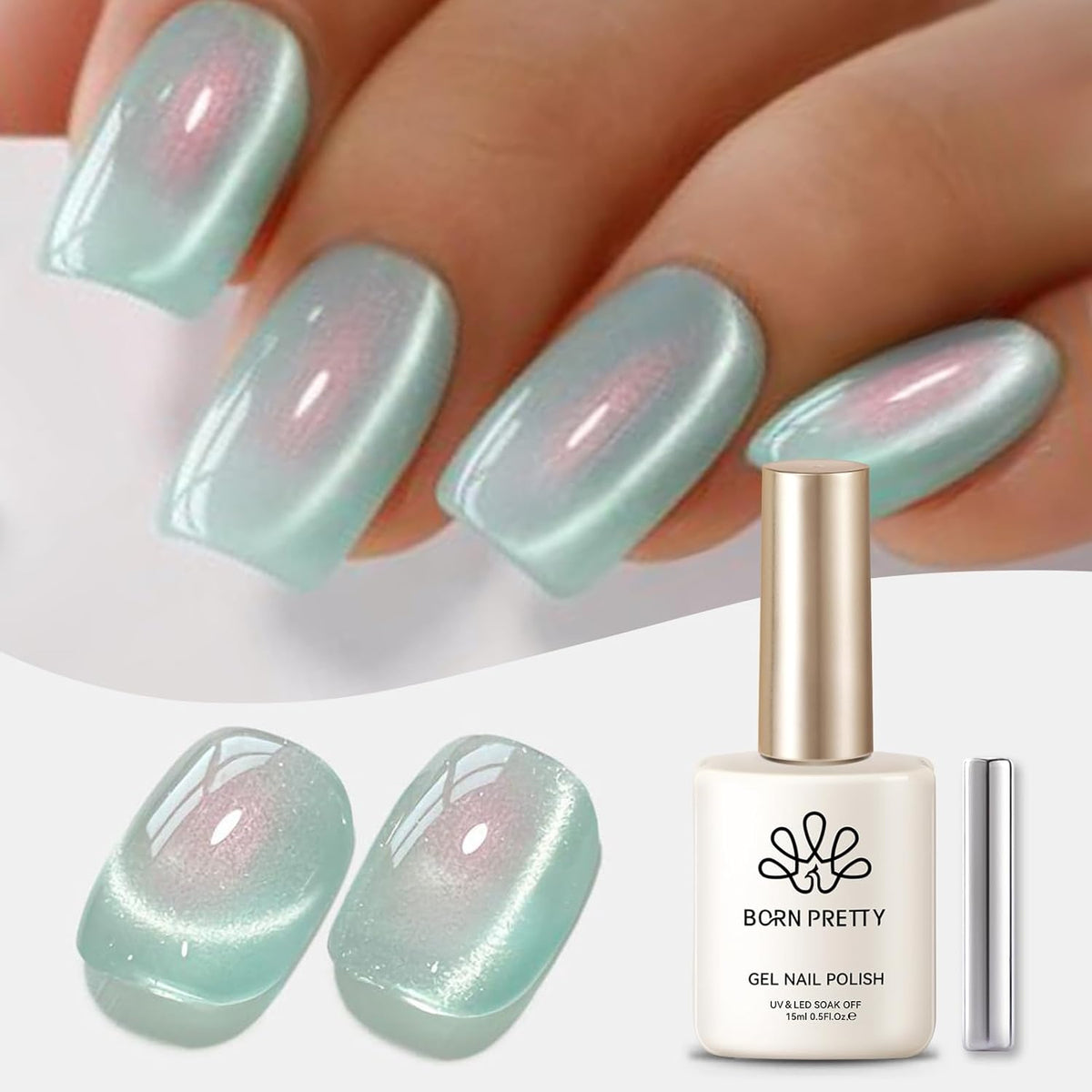 BORN PRETTY Cat Magnetic Eye Gel Nail Polish,Tuberose Green Magnetic Gel Polish Shimmer Magnetic Eye Gel Manicure Nail Art DIY 15ml
