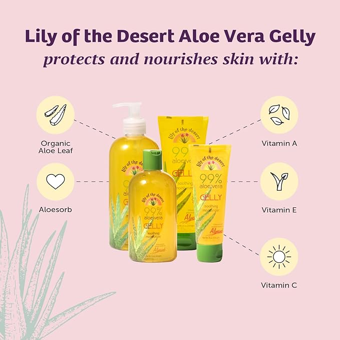 Lily Of The Desert Gelly Moisturizer - 99% Organic Aloe Vera Gel for Skin, After Sun Care with Aloe, Vitamin E Oil, and Vitamin C for Sunburn Relief, 12 Fl Oz