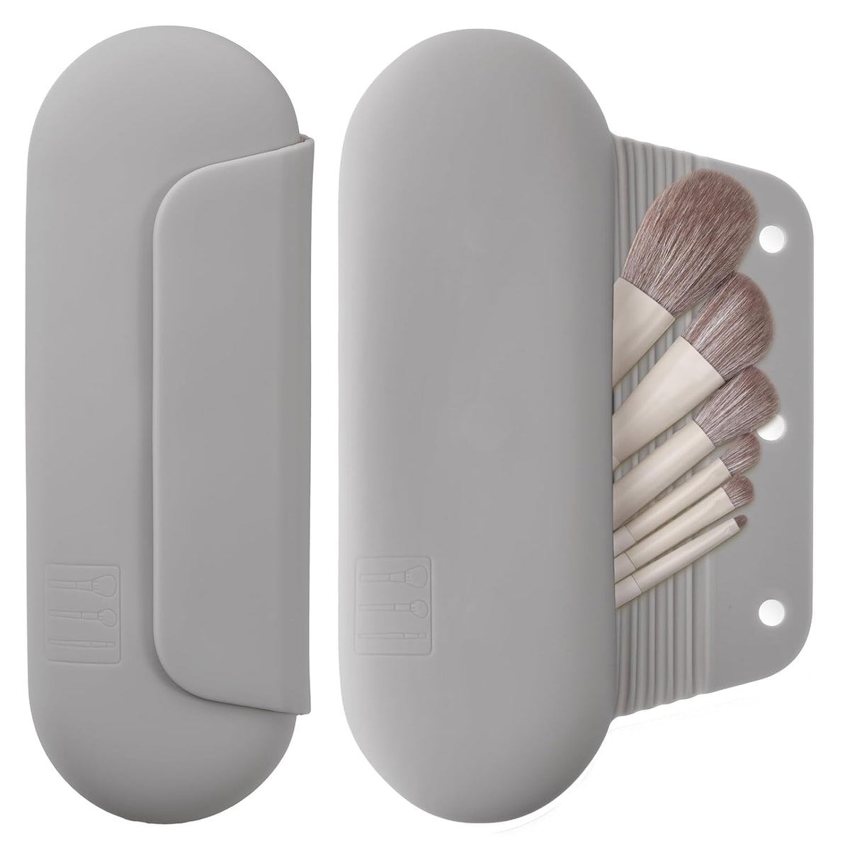 Silicone Makeup Brush Holder Travel Cosmetic Bag：Soft Portable Cosmetic Face Brushes Holder with Upgrade Anti-Fall Out Magnetic Closure, Large Travel Makeup Brush Case - Stone