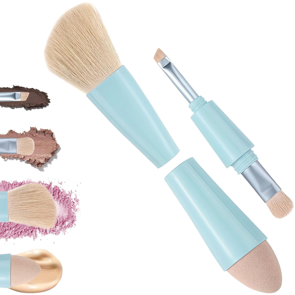 Jaasuee Multi-Tasker 4-in-1 Makeup Brush -Applicator Tool - Vegan & Travel-Friendly All-in-One Beauty Tool for On-the-Go Glam, Blue