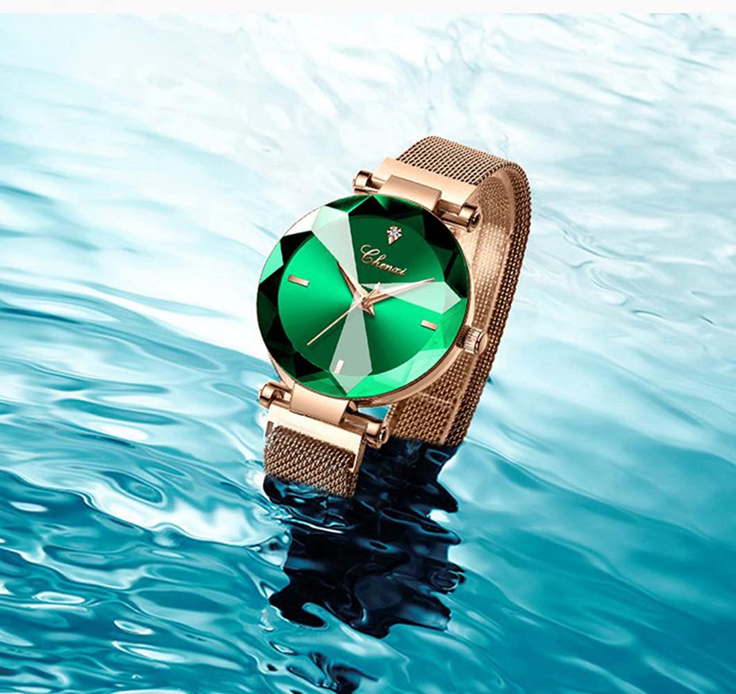 SENRUD Women's Watches Fashion Shine Crystal Cutting Mirror Wrist Watch Rose Gold Stainless Steel Mesh Band Waterproof Analog Quartz Watches (A Green)