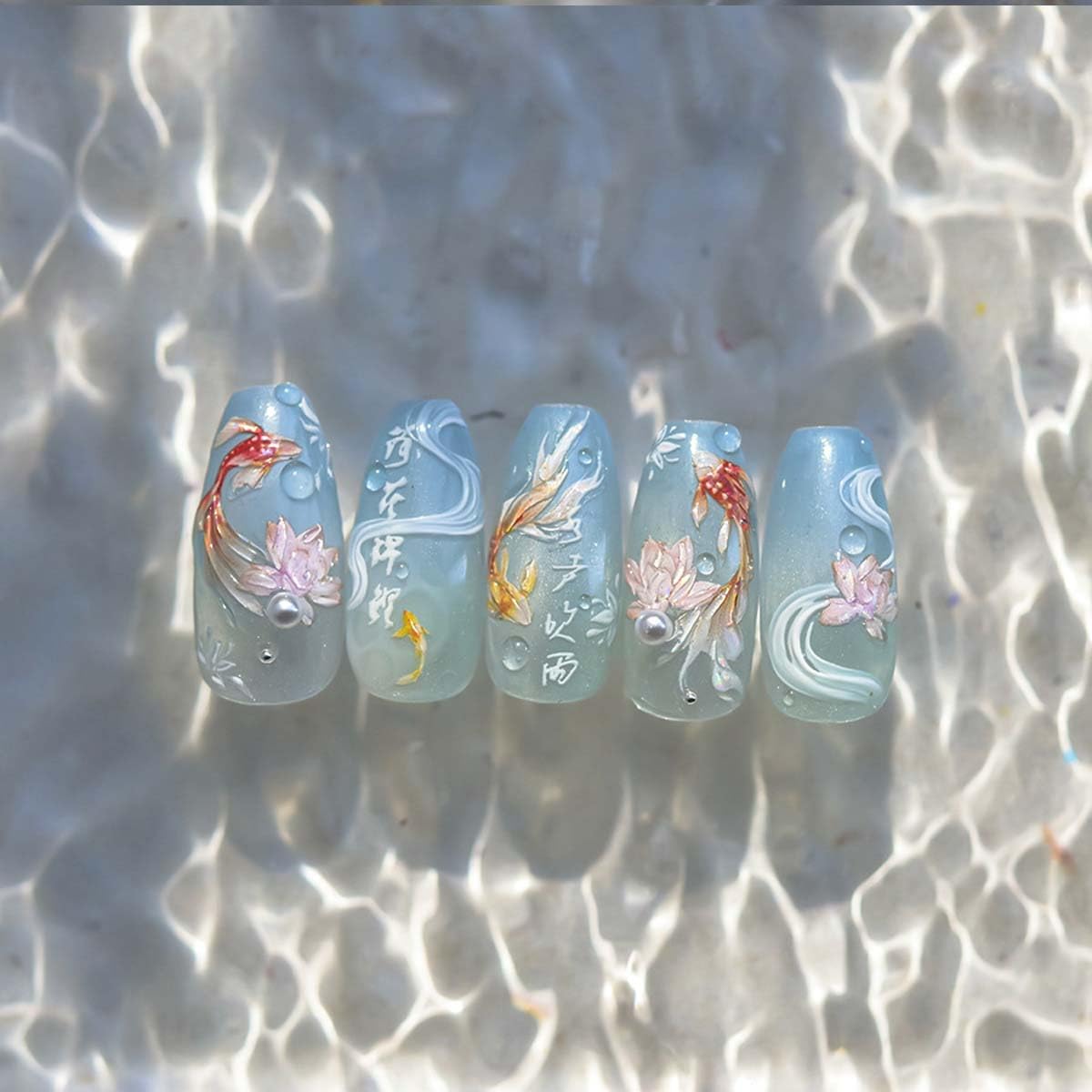 Koi Fish Nail Stickers for Nail Art Goldfish Lotus Nail Decals with Shell Light Effect 5D Embossed Stickers for Nails Designs Self Adhesive Nail Art Supplies & Decorations for Women Girls 1 Sheet