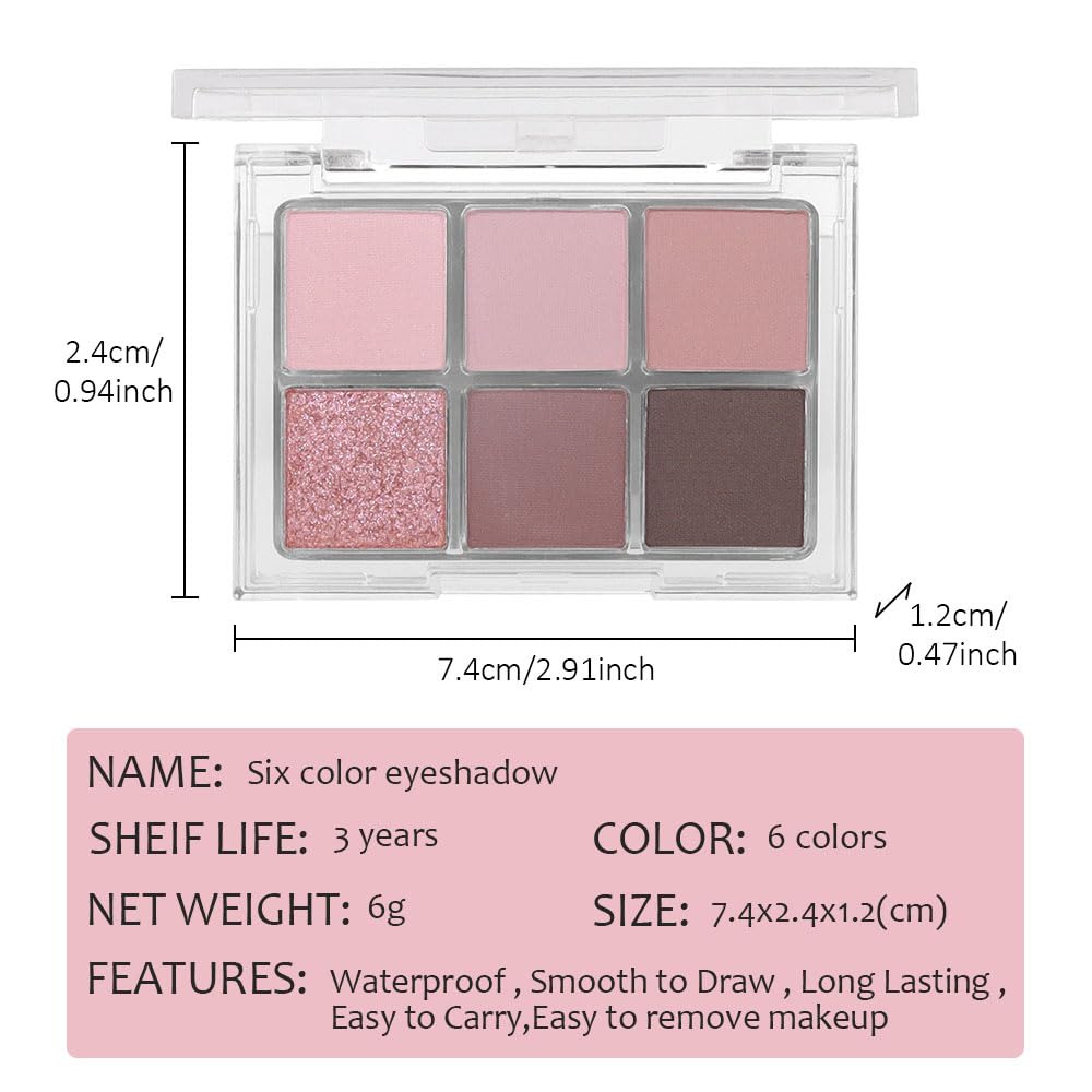 6 Colors Nude Pink Purple Matte Shimmer Eyeshadow Palette for Eye Makeup,High Pigmented Brown Eye Shadow Primers Powder Palet de sombras de ojos