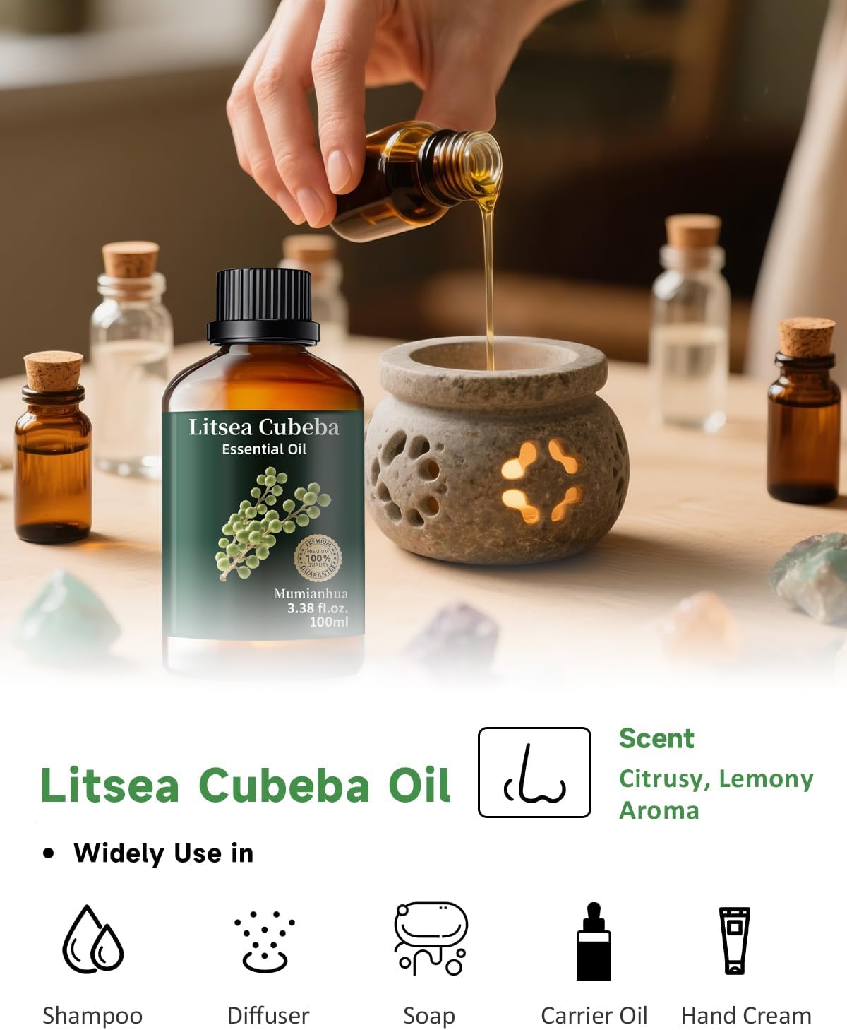 Mumianhua Litsea Cubeba Essential Oil 100% Pure Litsea Cubeba Oil Natural May Chang Essential Oil for Aroma & Diffusers, Massage, Skin Care, Hair Care, Candle & Soap Making 3.38 Fl Oz