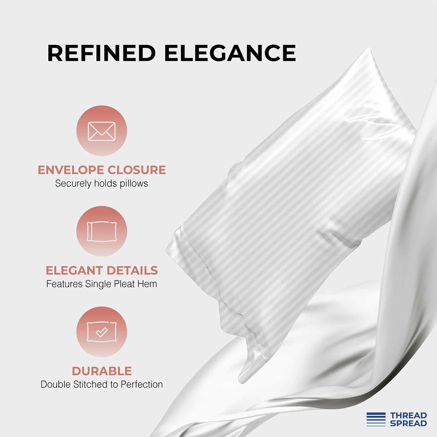 Thread Spread 100% Egyptian Cotton Pillow Cases Standard/Queen Size Set of 2 - Luxury 1200 Thread Count Sateen White Stripe Pillow Cases, Soft Cotton Pillowcases Fits Standard & Queen Pillows