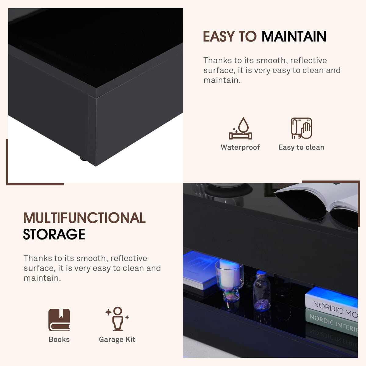 OC Orange-Casual LED Coffee Table with Storage, High Glossy Center Table with 2 Sliding Drawers, Modern Stylish Rectangle Coffee Table Double Layer with Open Display Shelf for Living Room (Black)