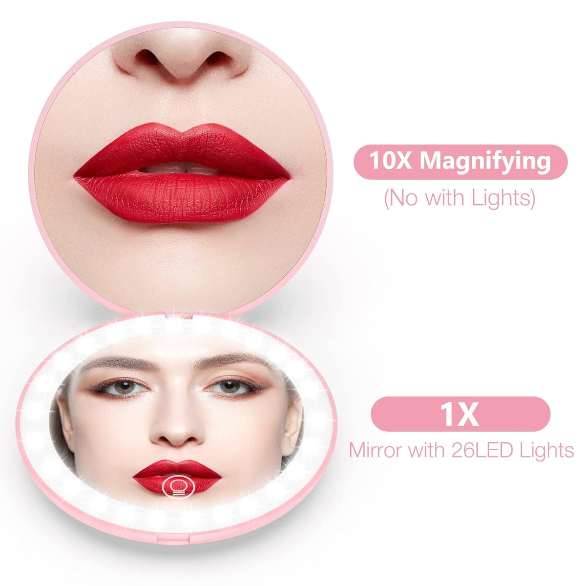 wobsion Rechargeable Compact Mirror, 1x/10x Magnification, Dimmable, Portable, LEDs, 4in Handheld, Pink