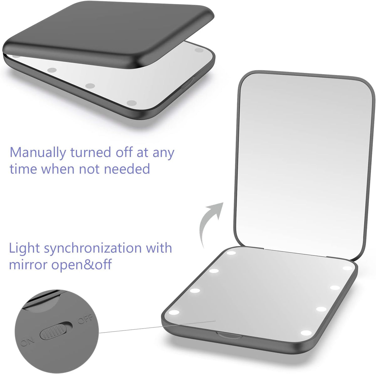 wobsion Small Mirror with Lights,LED Compact Makeup Mirror,1x/3x Mini Travel Mirror with Magnification,Portable Hand Held Mirror for Purse,Pocket,Gifts for Girls,Black