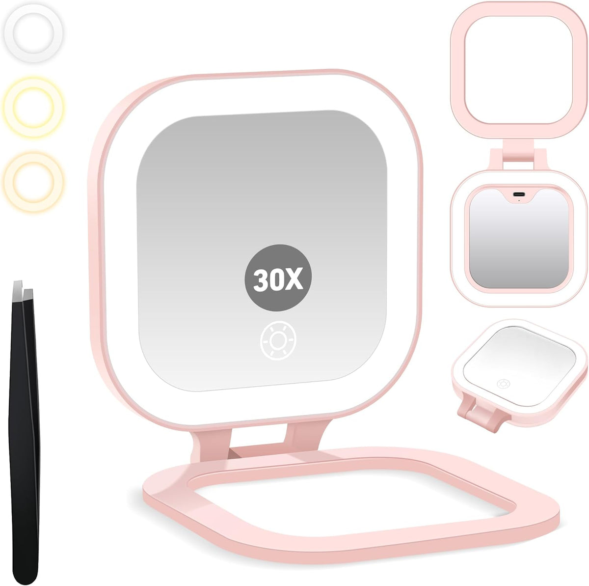 Travel Mirror with Light, 1x/30x Magnifying Mirror with 3 Color Lights and Adjustable Brightness, 4.5x3.9 inch Small Compact Hangable Hand Pocket 3 Way Mirror, Comes with Tweezer
