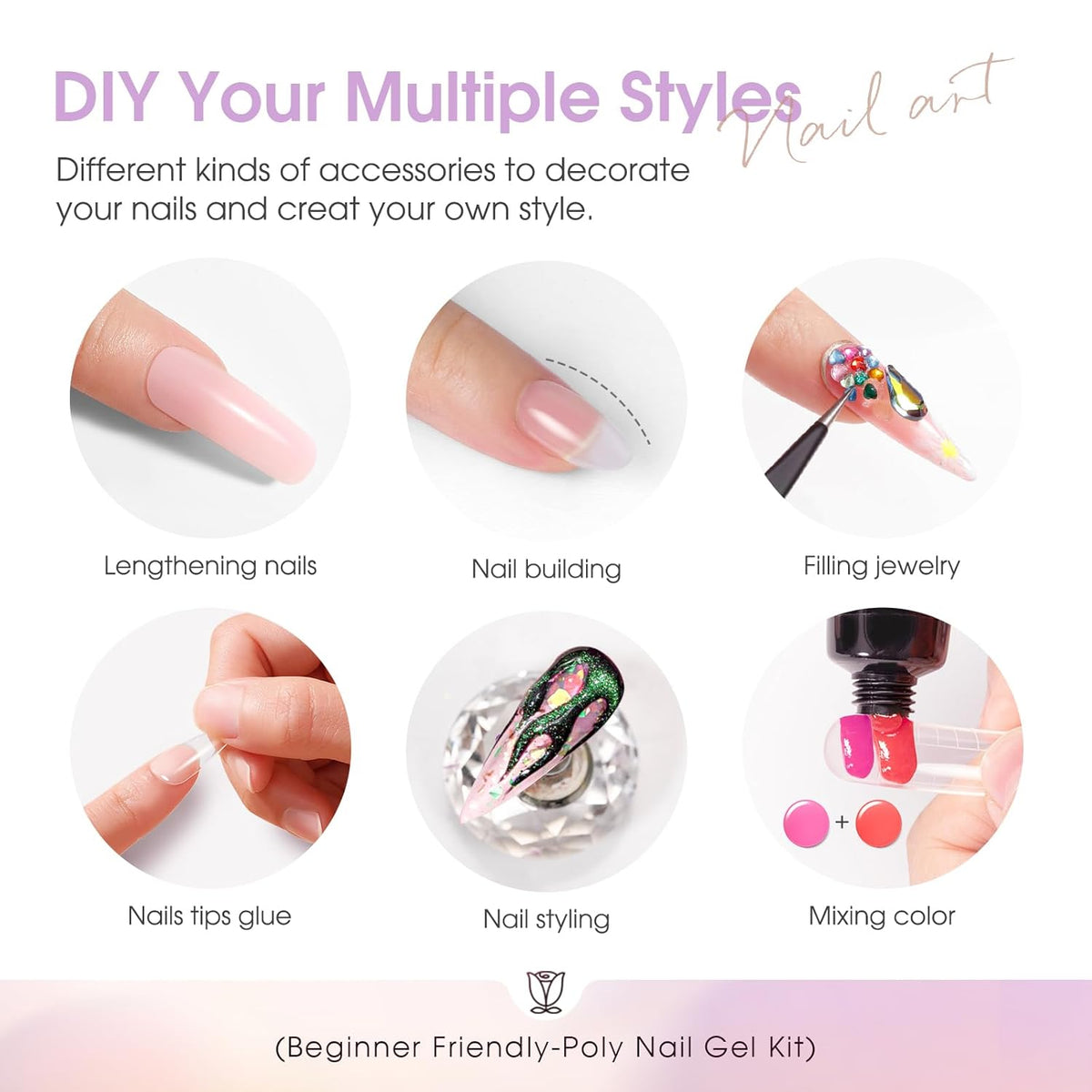 ROSALIND Poly Nail Gel Kit -38 Classic Colors +72 Nail Art Accessories kit Clear Nude Poly Nails Gel Kit Starter Kit with Mini UV Lamp Slip Solution Basic Tools for Beginners with Everything