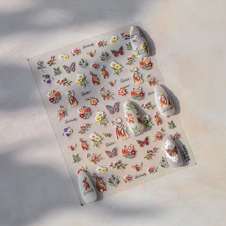 Flower Butterfly Art Stickers 5D Embossed Colorful Plants Garden Nail Stickers, Self-Adhesive Durable Nail Art Decals for Women Girls, Nail Wraps Decoration Manicure for DIY Acrylic Nail Accessories