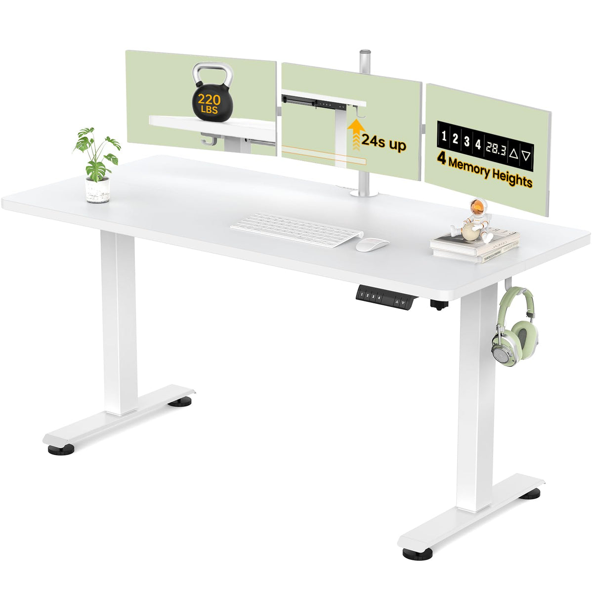 Veken 55 Inch Large Electric Standing Desk, 4 Memory Heights Adjustable,Sit to Stand Up, Work Home Office Computer Table for Study, Walking Pad, Writing, and Games, Wooden Desktop Desks, White