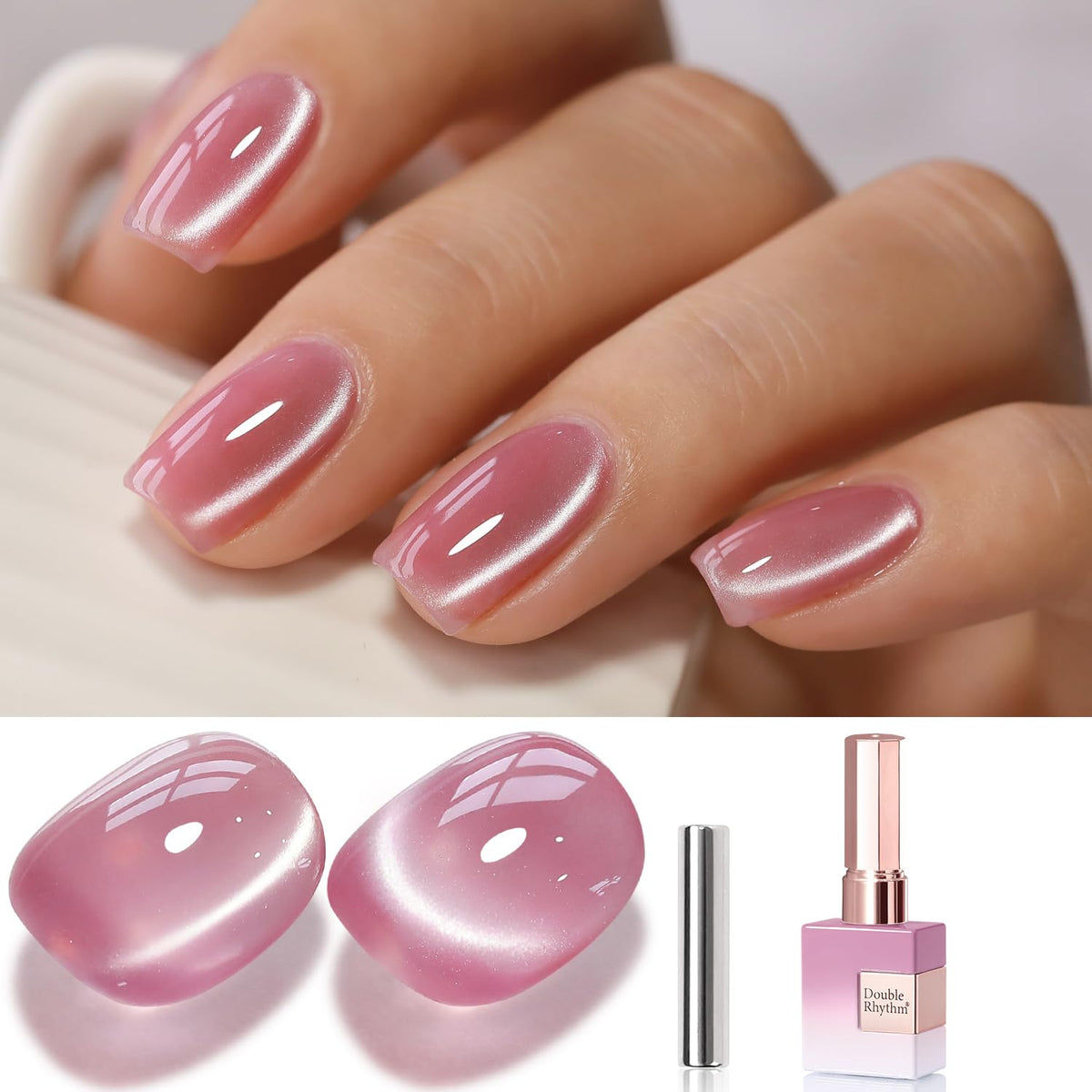 Double Rhythm 0.5 Oz Cat Eye Gel Polish with Magnet Same Color Same Bottle Holographic Glitter Shimmer Translucent Color Salon 15 ML Magnetic Nail Art (Lilac Pink-MC1168)