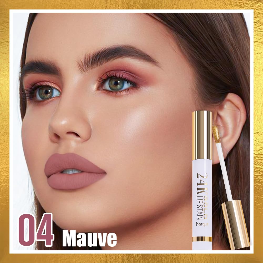 2025 New 24K Gold Liquid Lip Gloss Peel Off Lip Stain Tattoo with Tweezer, Mauve Lips Stain Peel Off Masque, Long Lasting Waterproof Lip Tint Stain, Transfer-proof for All Skin Types 04#
