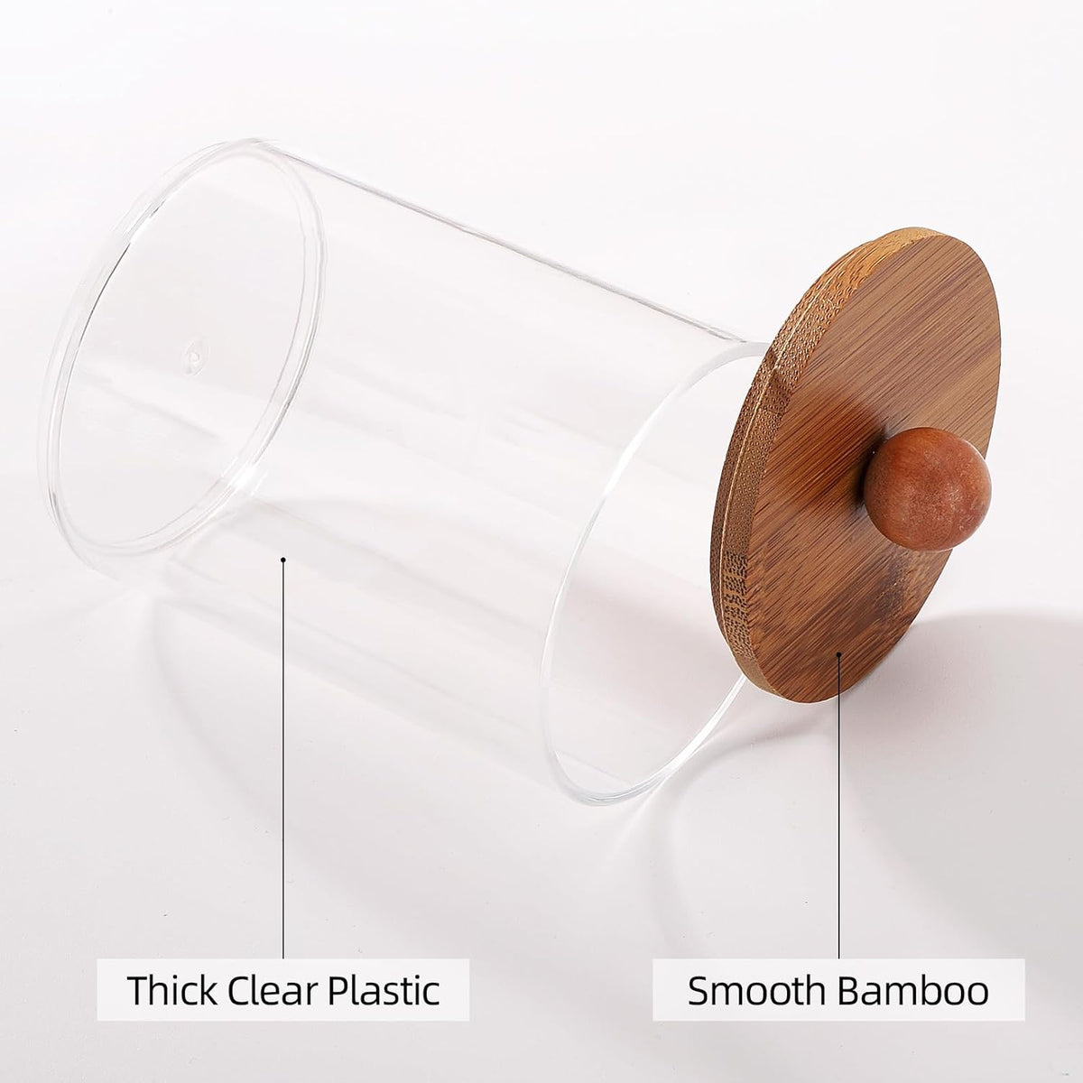 Tbestmax 4 Pack Qtip Holder Dispenser, Plastic Bathroom Organizer and Storage Containers, 10oz Apothecary Jars with Brown Bamboo Lid for Cotton Ball, Cotton Swab, Floss