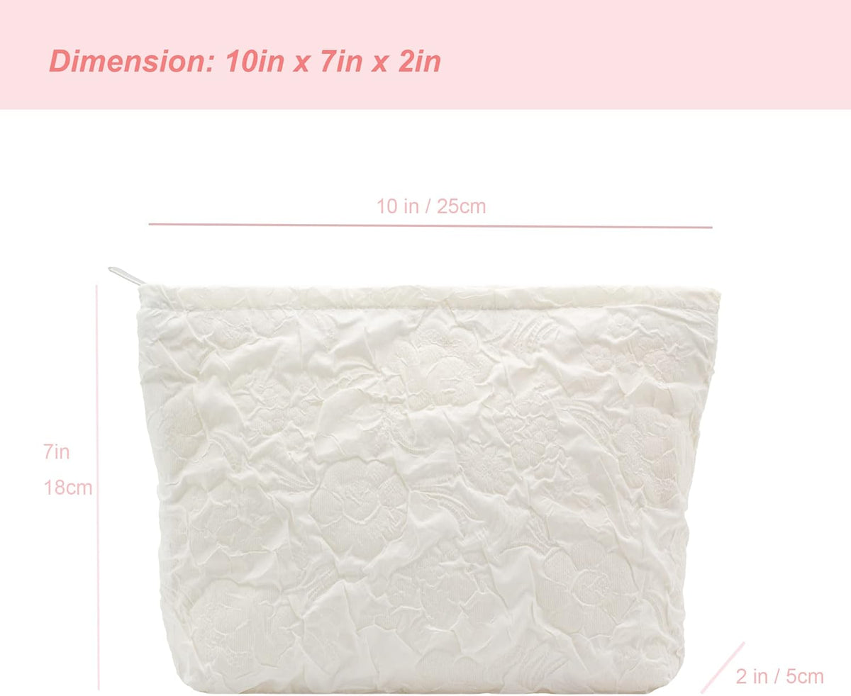 Makeup Bags for Purse Zipper Cosmetic Pouch Large Travel Canvas Make Up Organizer Tool Pouch for Women and Girls,Flower Ivory