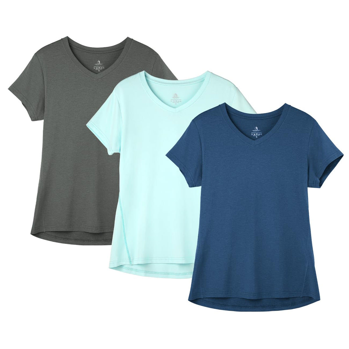 icyzone Workout Shirts Yoga Tops Activewear V-Neck T-Shirts for Women Running Fitness Sports Short Sleeve Tees (Dark Grey/True Navy/Aqua, S)