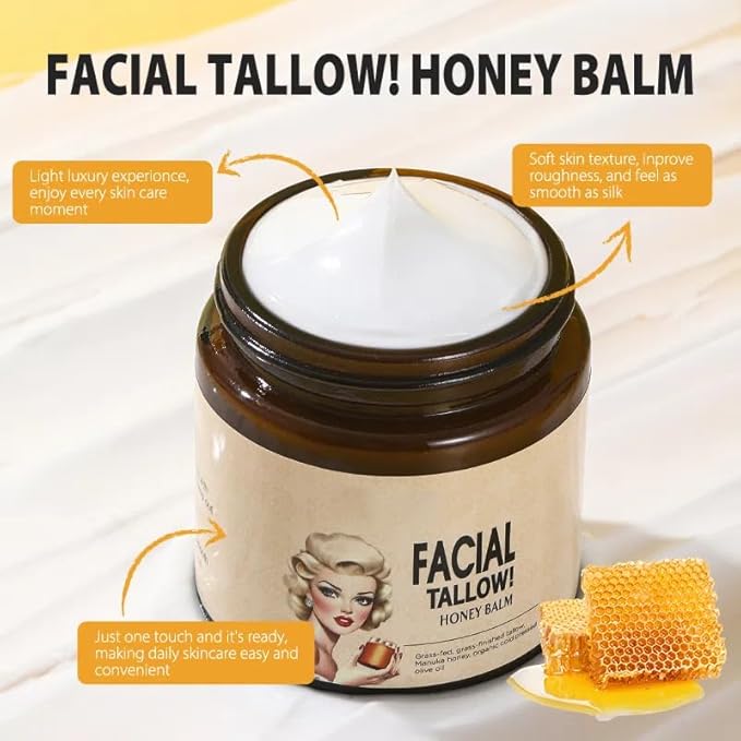 Beef Tallow for Skin, Grass Fed Beef Tallow Honey Balm Natural Organic Beef Tallow for Face Deeply Moisturizer For Body & Dry Skin（3.71Oz）