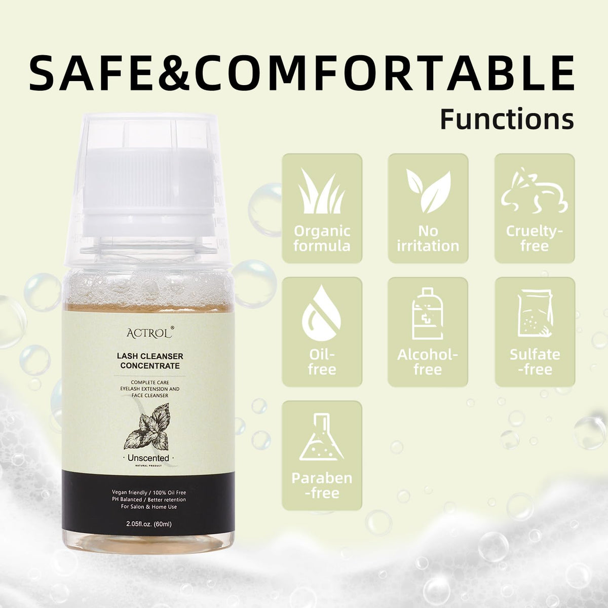 Eyelash Cleanser Concentrate 60ml Unscented Professional Lash Shampoo Foaming Cleanser DIY Wash for Extensions Lashes with Salon Home Care-Makes 6 Bottles
