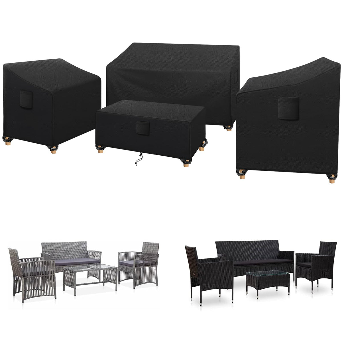 SIRUITON Patio Furniture Covers 4 Piece Set, Outdoor Furniture Cover Waterproof, Patio Furniture Set Covers, Heavy Duty Durable and Water Resistant Fabric, Fit for Chairs, Couch, Coffee Table, Black