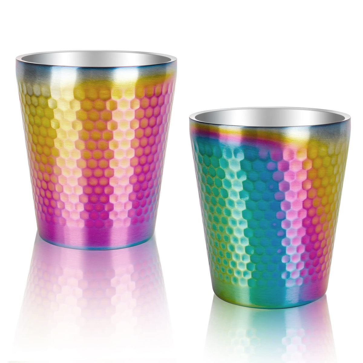 TIICOO Stainless Steel Cups 2 Packs 10oz/300ml Stackable Double Wall Insulated Metal Shatterproof Cups Titanium-Plated Diamond Textured Surface Heat Resistant Dishwasher Safe (Rainbow)