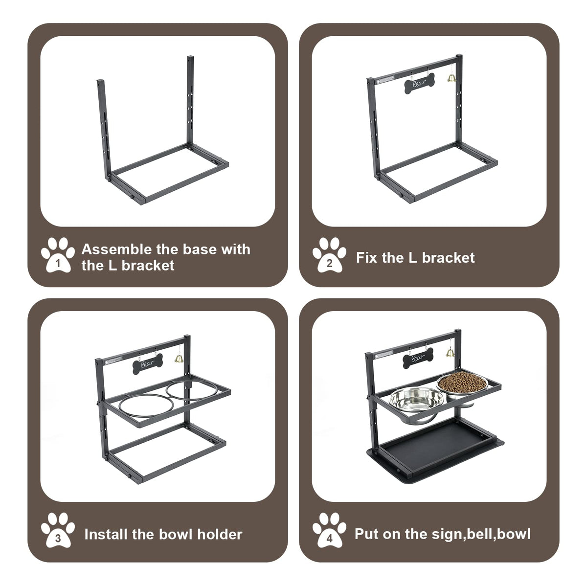 Elevated Slow Feeder Bowls for Large Dogs - Adjustable Height, 2 Stainless Steel Bowls, Spill-Proof Mat - Great for Medium Dogs Too (Black)