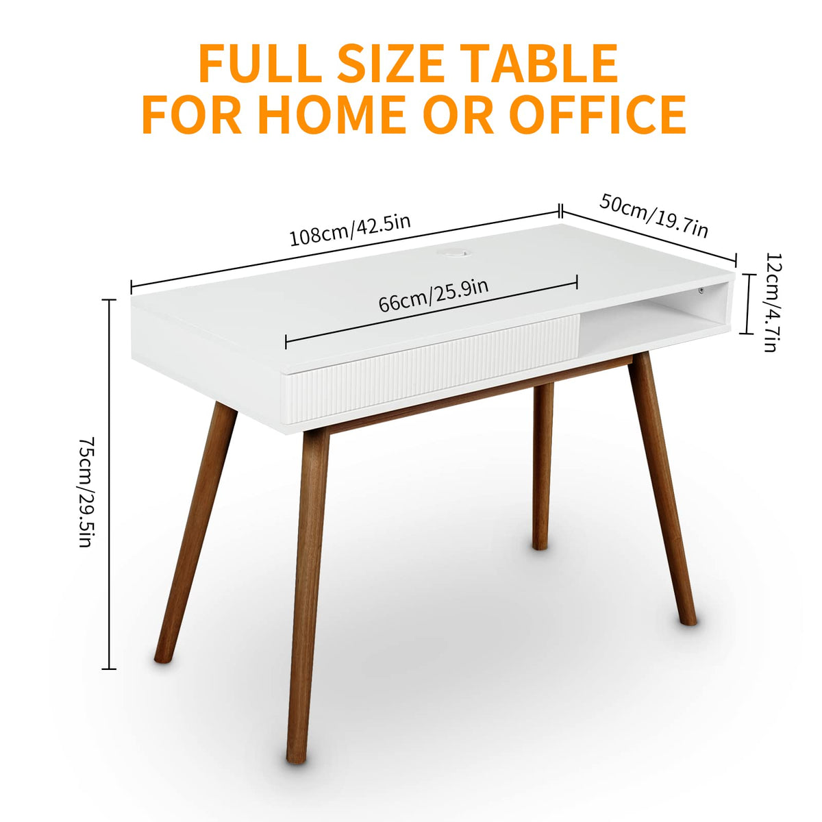 Artswish White Writing Desk with Drawers Mid Century Modern Desk, Wood Office Computer Desks for Small Space, White Desks with Walnut Legs
