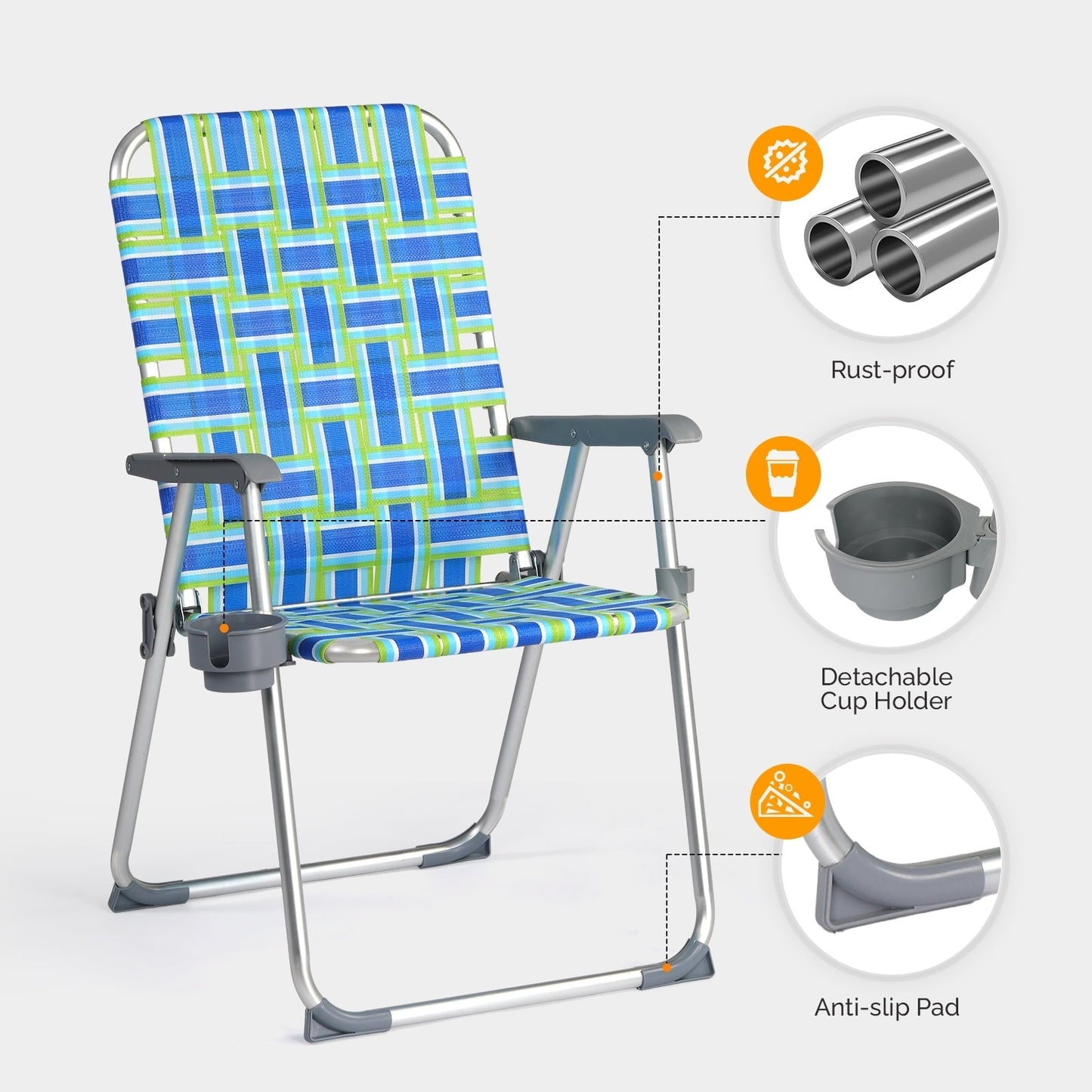 Matladin Oversize Folding Patio Lawn Chair, Beach Chair for Adults, Camping Chair with Webbed Airflow Mesh, Webbed Lawn Chair for Outdoor, Fishing, Backyard, 2 Pack