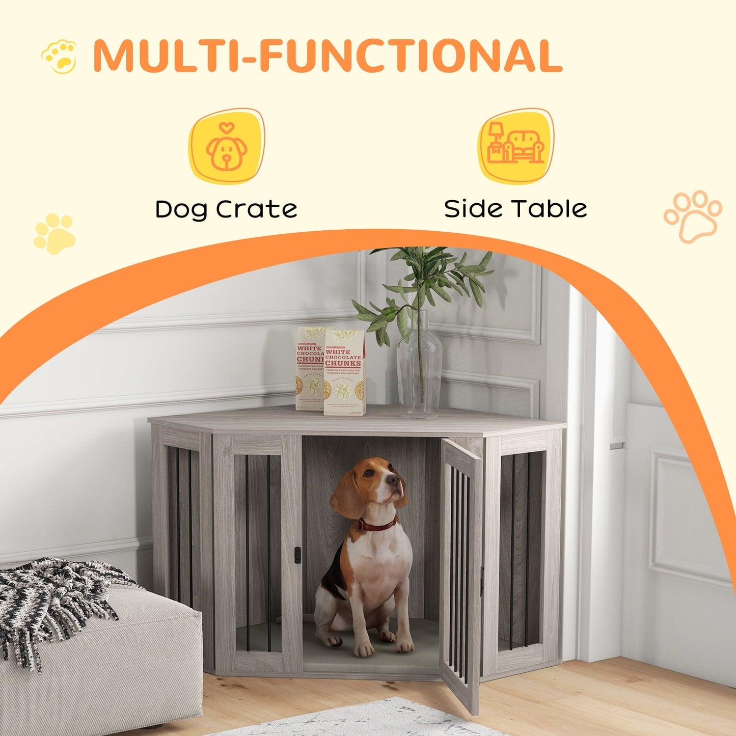 Noaman PawHut Corner Dog Crate Furniture, End Table Kennel for Large Dogs Up to 66lbs, 47.75"L x 24"W x 27.75"H, Walnut Brown with Cushion