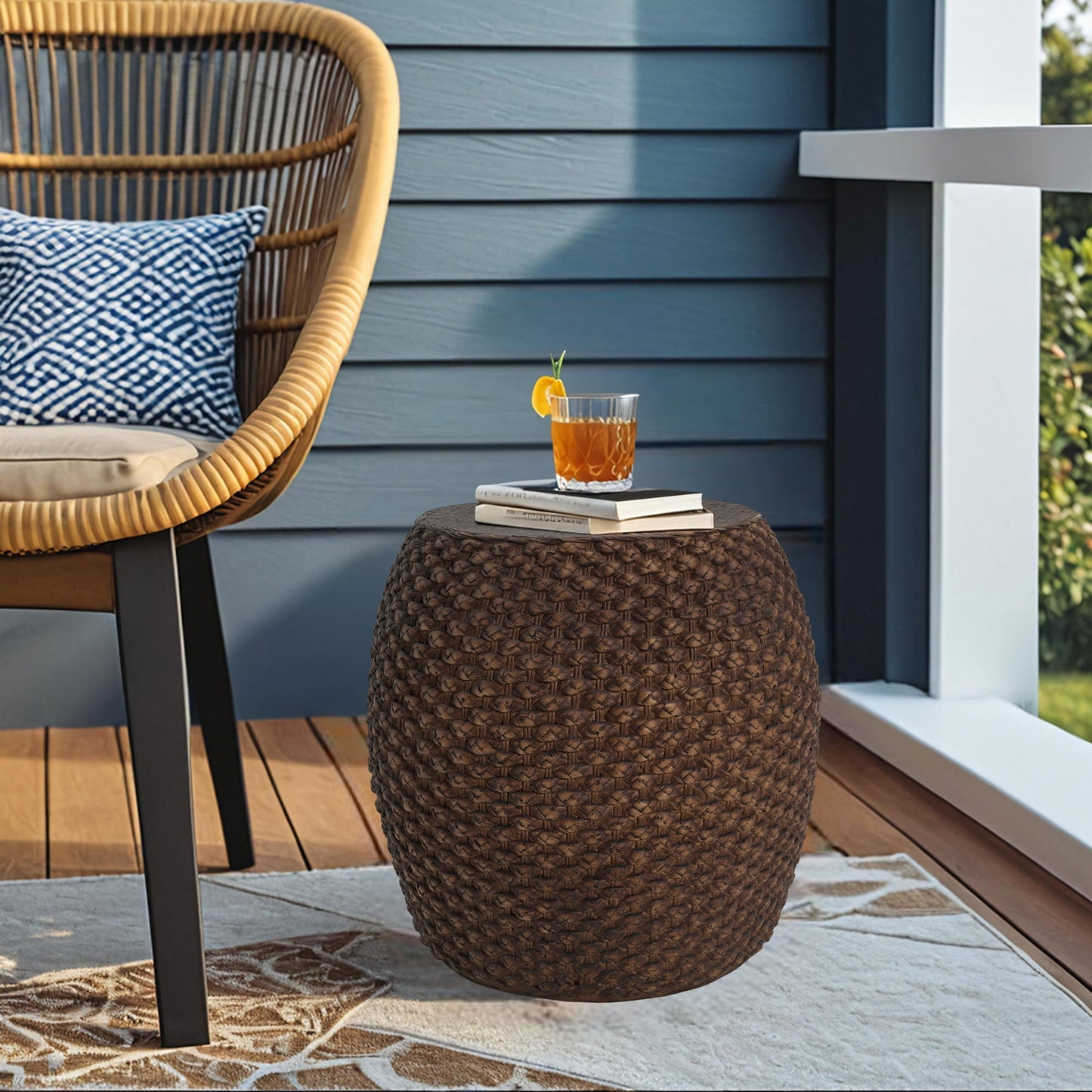 Homy Casa Faux Rattan Side Table for Poolside Lounge or Patio Balcony Relaxation, Brown