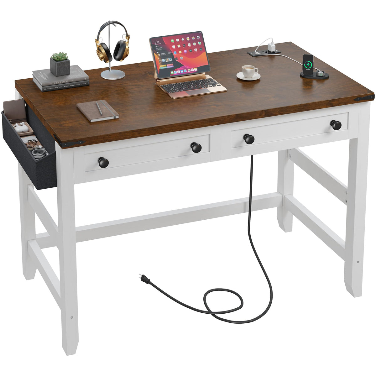 EnHomee 40" Small Desk for Bedroom, Computer Desk with Power Outlets for Home Office, Desks with Drawers and a Side Pocket, Brown+White