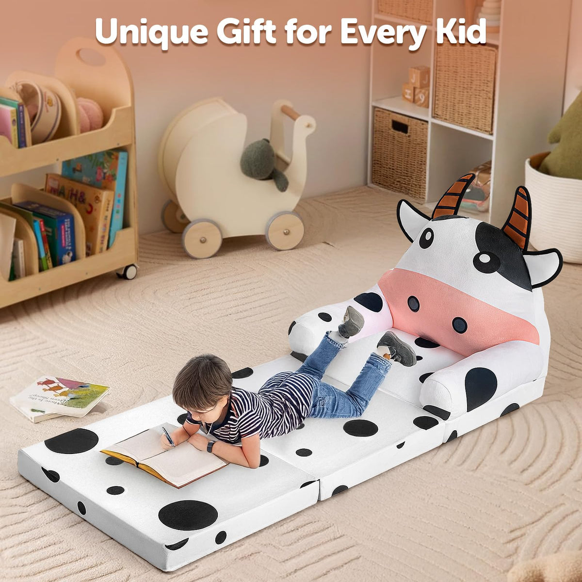 Kids Sofa Comfy, Adorable Animal Toddler Chair, Foldable Kids Couch with Removable Washable Cover, Soft & Breathable Fabric, No Assembly Needed, Foldable Baby Sofa(Dairy Cow)