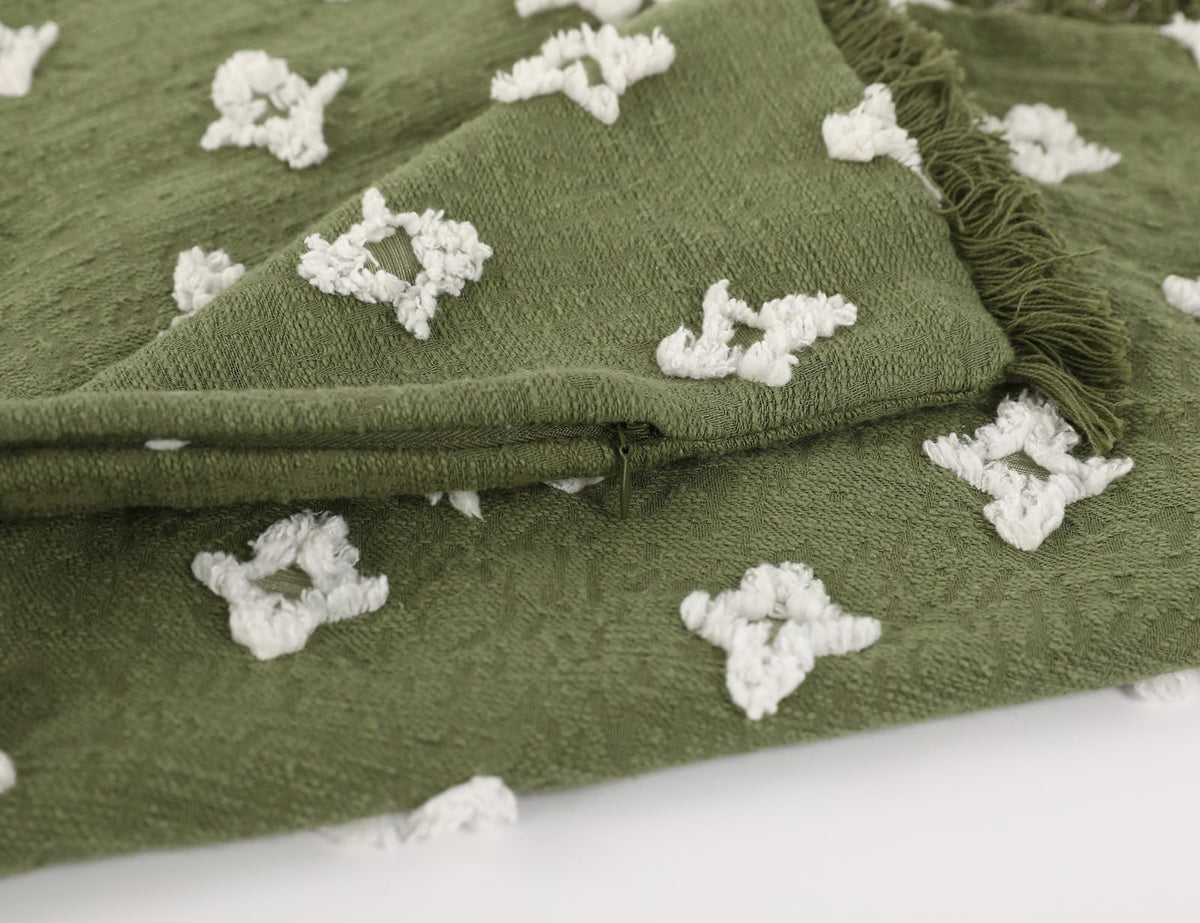 DRNOU Boho Long Lumbar Pillow Cover 14x24 with Tassel,3D Flower Patterned Cotton Decorative Long Lumbar Pillow Cover Pillow Case for Sofa Couch Bed Livingroom Farmhouse,Sage Green